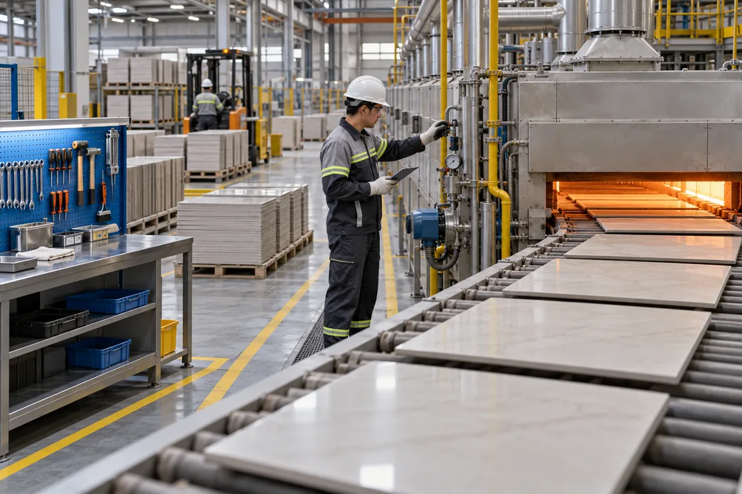 Công nhân kiểm tra thiết bị và khu vực dụng cụ gọn gàng trong một nhà máy sản xuất gạch