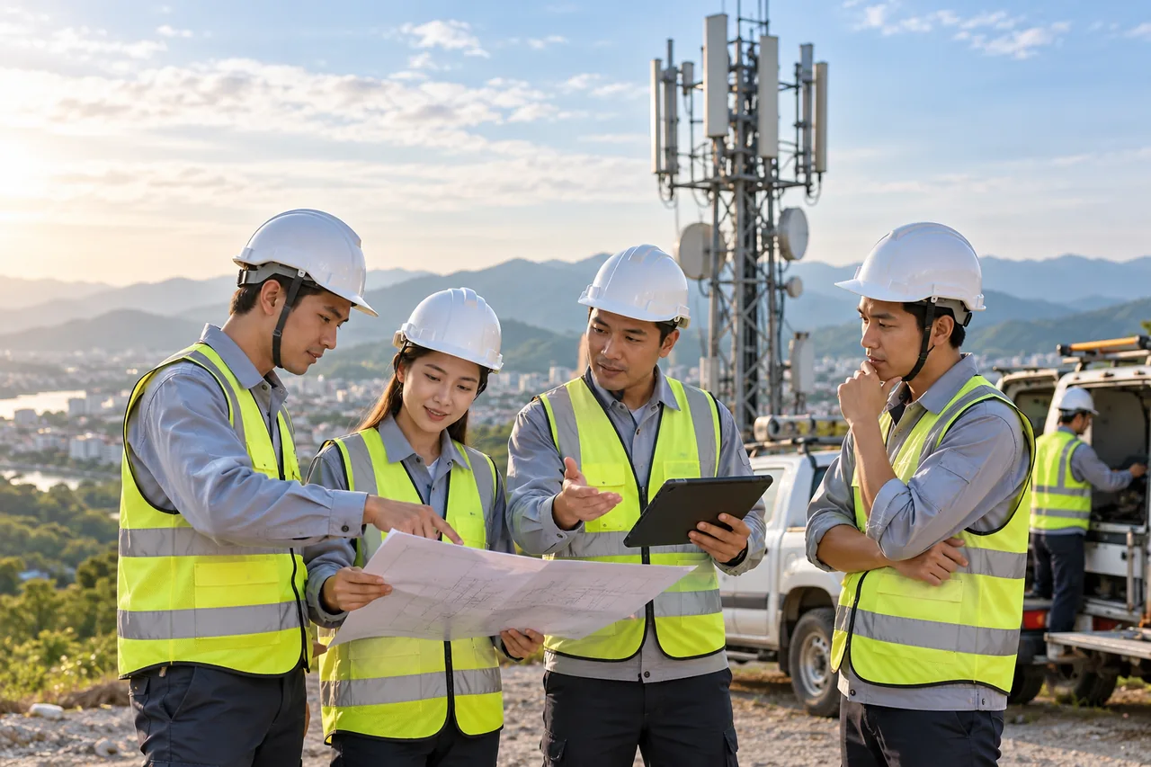 Nhóm kỹ thuật viễn thông trao đổi kế hoạch công việc tại hiện trường; hình minh họa, không phải ảnh dự án
