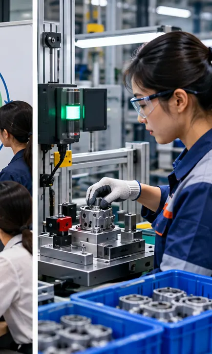 Công nhân đặt chi tiết vào đồ gá định vị có cảm biến chống lắp sai; hình minh họa
