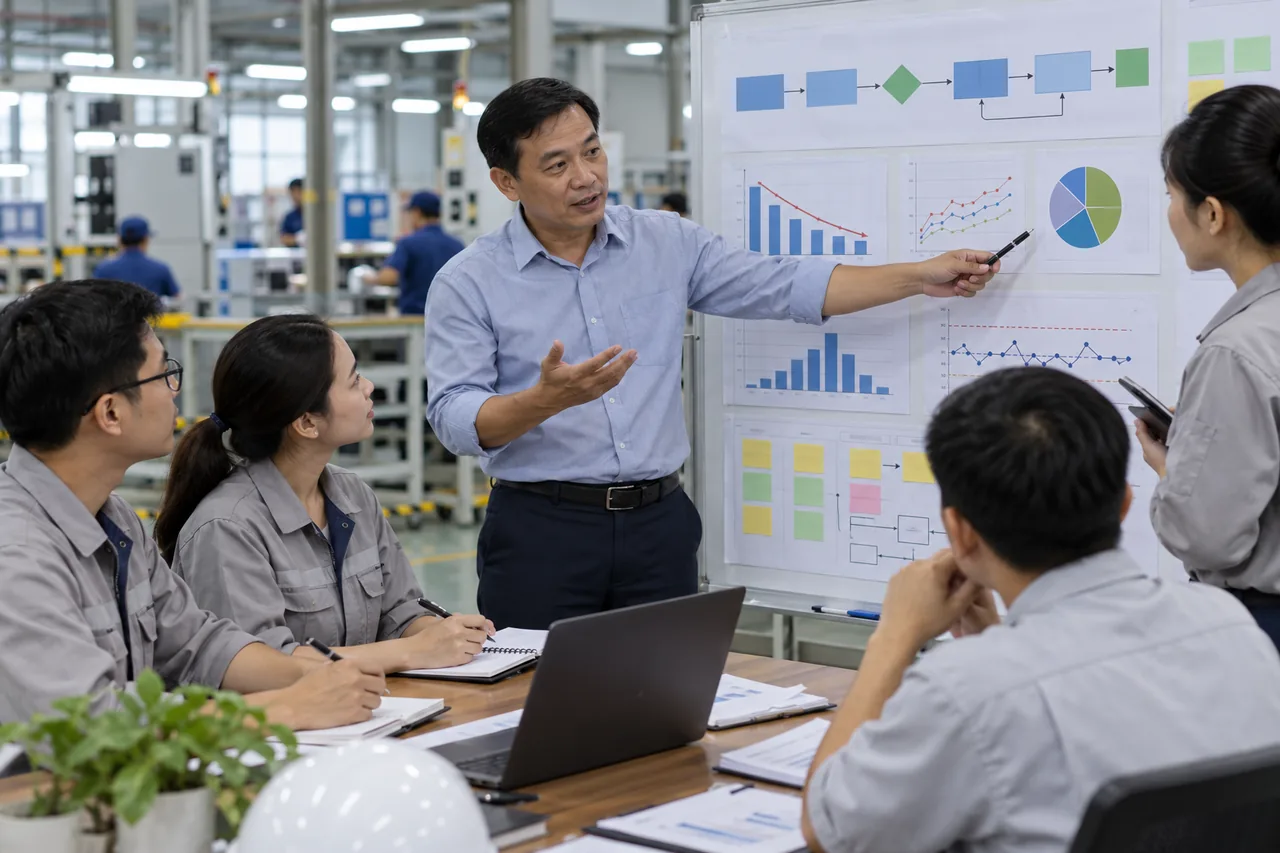 Chuyên gia hướng dẫn nhóm kỹ sư rà soát dự án cải tiến và biểu đồ; hình minh họa, không phải ảnh LG Display