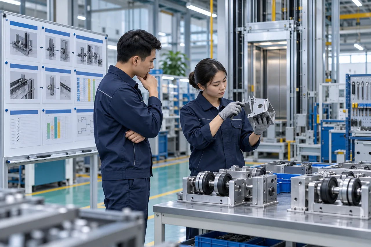 Kỹ sư trao đổi tại khu vực lắp ráp linh kiện thang máy; hình minh họa, không phải ảnh Schindler