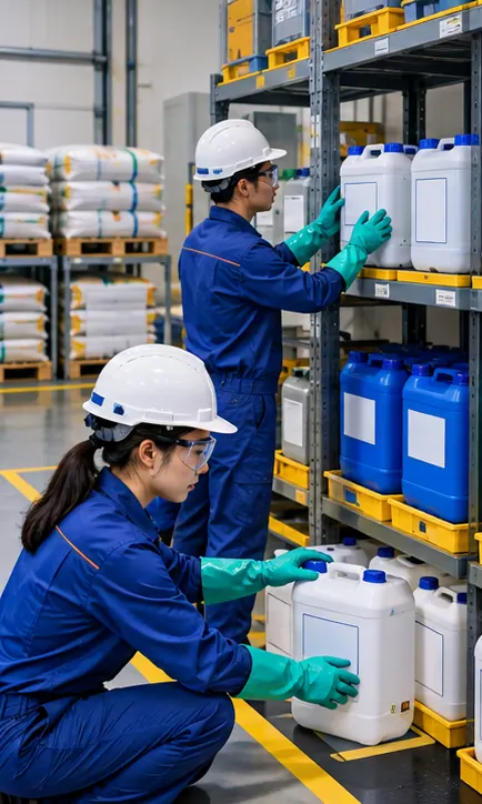 Nhân viên nhà máy sắp xếp khu vực lưu trữ vật tư theo 6S; hình minh họa