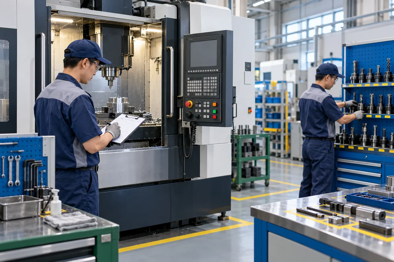 Kỹ thuật viên kiểm tra thiết bị tại xưởng linh kiện gọn gàng; hình minh họa, không phải ảnh YUWA