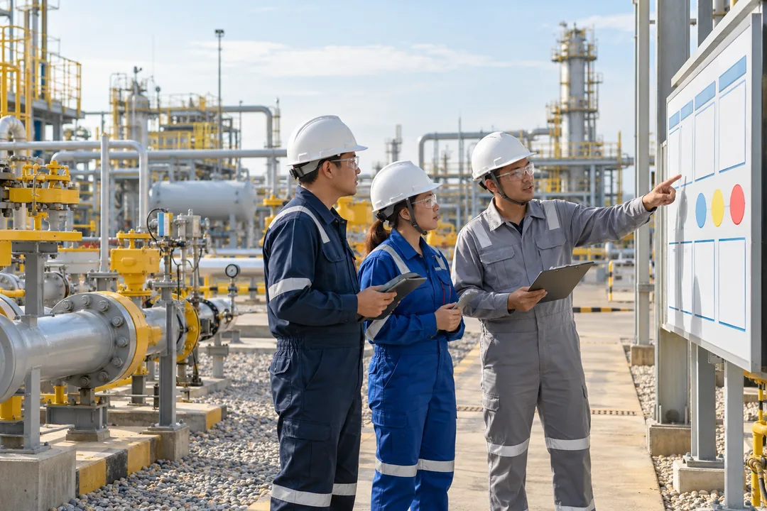 Nhóm kỹ thuật khảo sát hiện trường tại một cơ sở năng lượng, hình minh họa cho 5S Kaizen số hóa