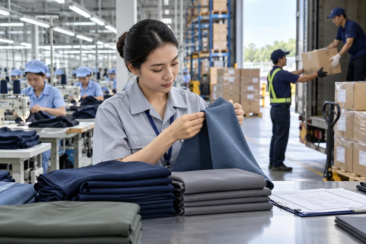 Nhân viên kiểm tra vật liệu dệt trong khu vực sản xuất và đóng gói; hình minh họa biên tập, không phải ảnh Vestergaard