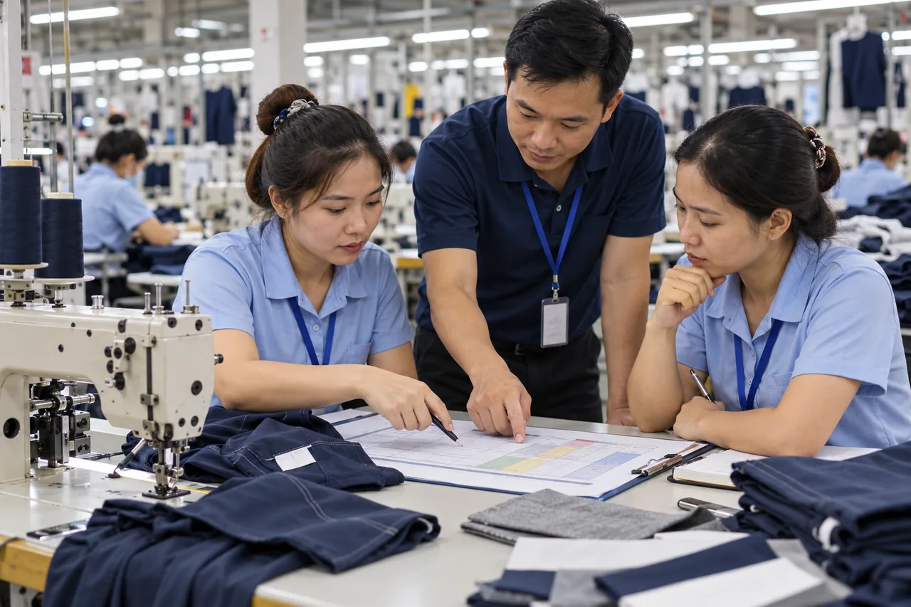 Nhóm chất lượng may mặc rà soát rủi ro quy trình bằng tài liệu; hình minh họa, không phải ảnh Vietnam Tailored Garments