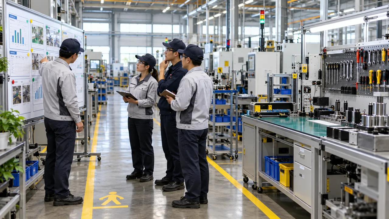 Minh họa nhóm sản xuất quan sát quy trình và cải tiến tại nhà máy cơ khí chính xác