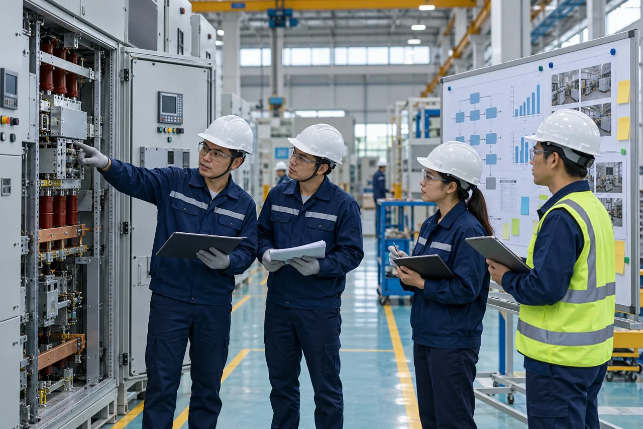 Kỹ sư rà soát tủ điện công nghiệp trong xưởng; hình minh họa, không phải ảnh Vietstar Meiden