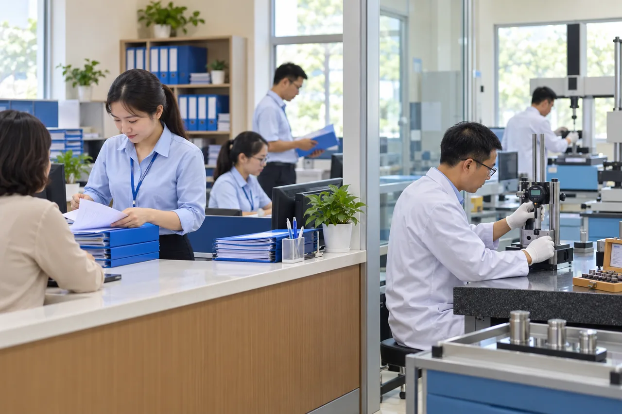 Nhân viên sắp xếp hồ sơ tại khu vực dịch vụ và thiết bị đo; hình minh họa, không phải ảnh Chi cục