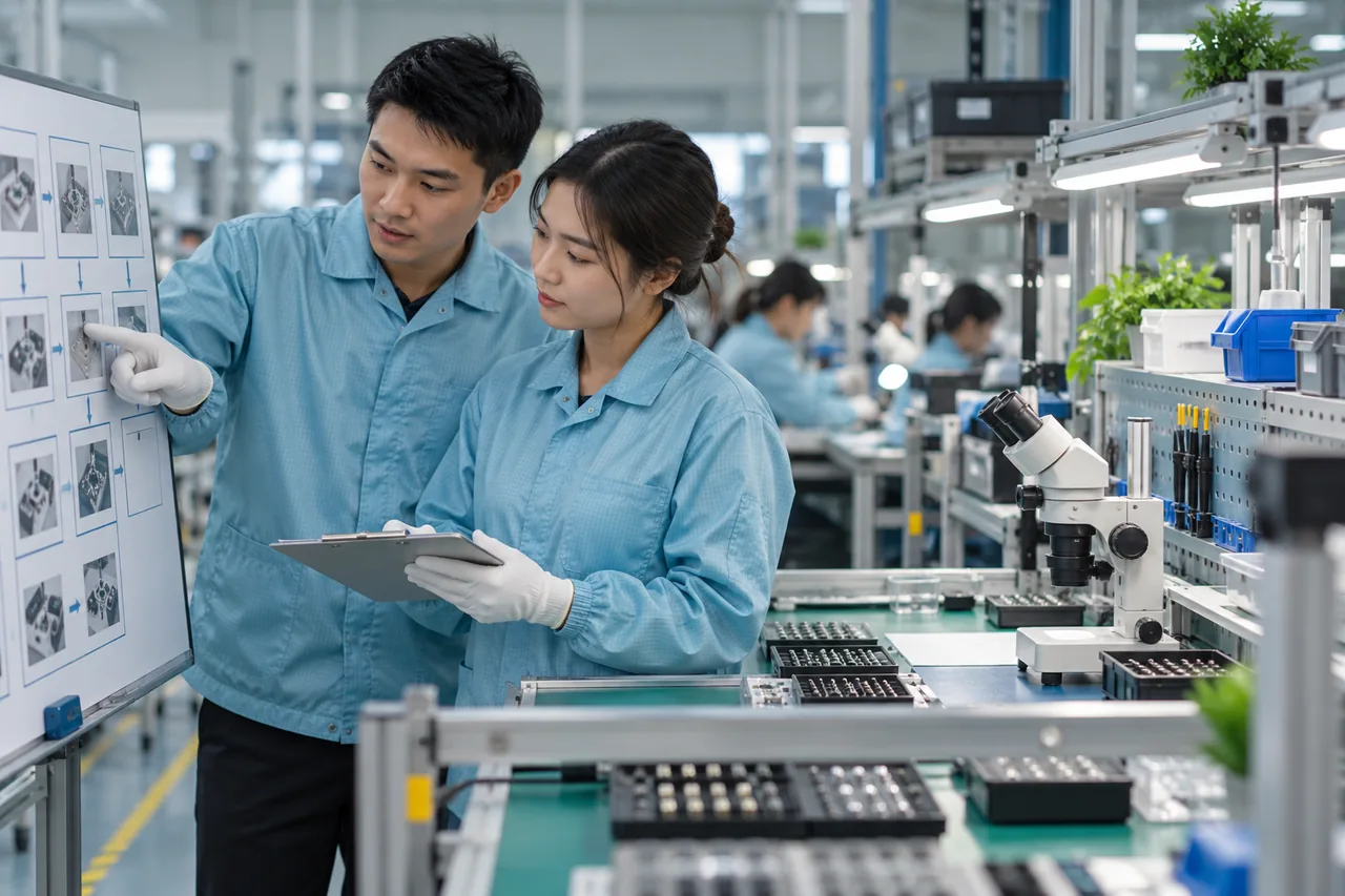 Kỹ sư xem xét quy trình tại khu vực sản xuất linh kiện điện tử; hình minh họa, không phải ảnh Sonion