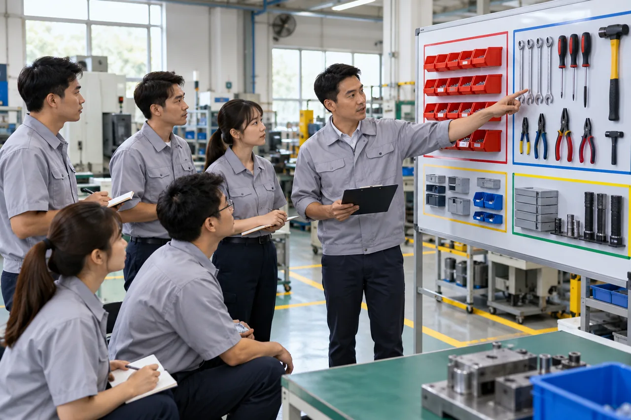 Nhóm nhân viên thực hành sắp xếp khu vực làm việc trong buổi đào tạo 5S; hình minh họa
