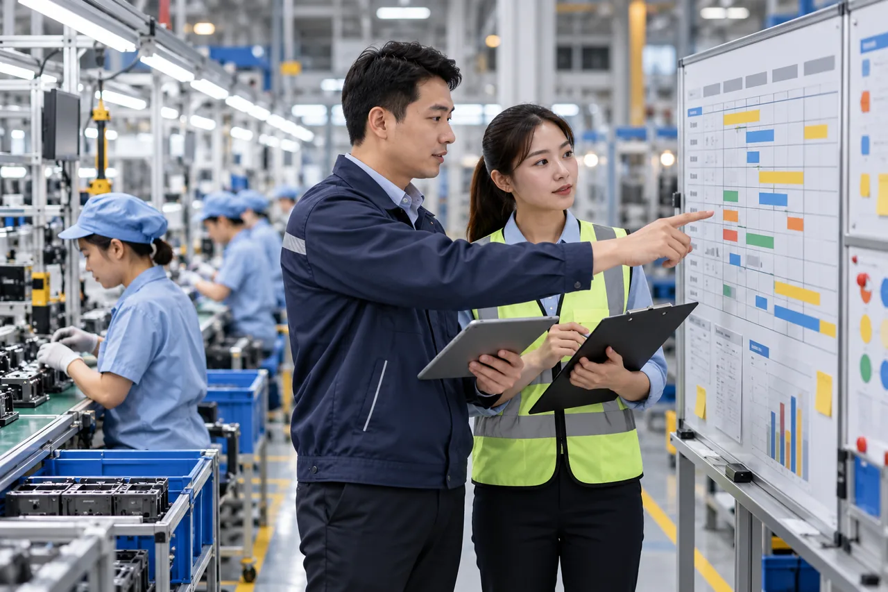 Quản lý sản xuất và điều độ xem bảng kế hoạch tại xưởng; ảnh minh họa được tạo cho bài viết