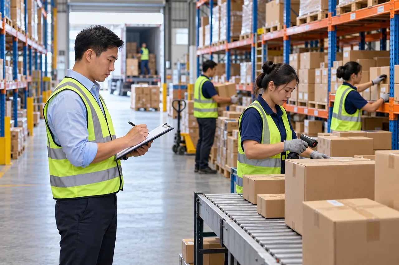 Quản lý kho rà soát luồng nhận hàng, lưu trữ và xuất kho với nhân viên; hình minh họa