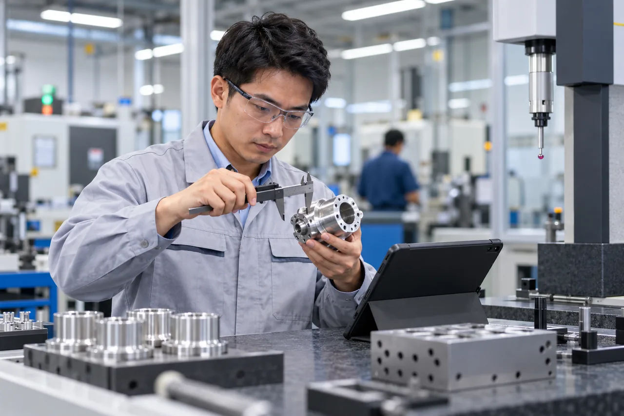 Nhân viên chất lượng đo kiểm chi tiết sản phẩm bằng thước cặp tại bàn kiểm tra; ảnh minh họa được tạo