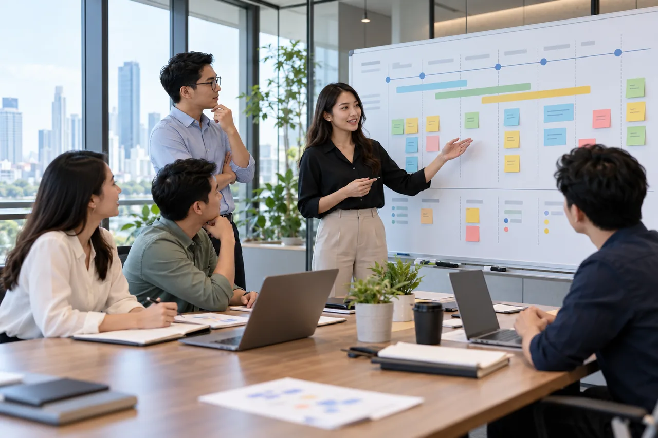 Nhóm dự án cùng xem tiến độ và thẻ công việc trên bảng kế hoạch; ảnh minh họa được tạo cho bài viết