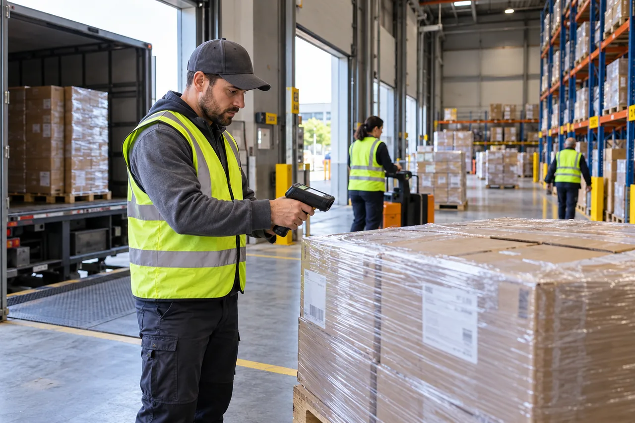 Nhân viên quét mã pallet tại khu nhận hàng và đối chiếu dữ liệu tồn kho; hình minh họa