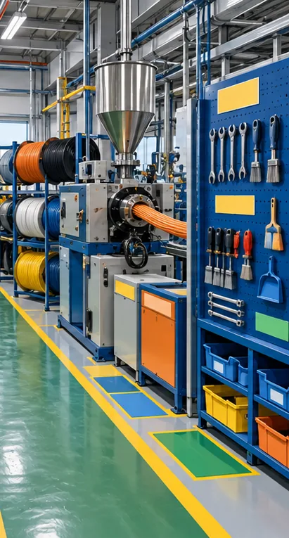Khu vực sản xuất cáp nhựa với vị trí dụng cụ được nhận diện