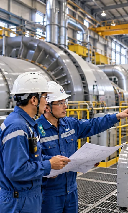 Nhóm vận hành và bảo trì rà soát thiết bị tại nhà máy nhiệt điện