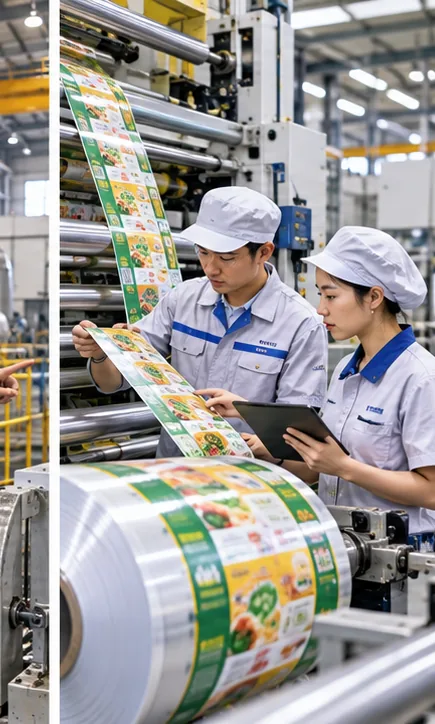 Nhân viên kiểm tra cuộn màng in và luồng sản xuất bao bì