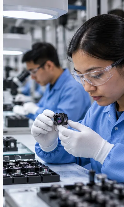 Kỹ thuật viên kiểm tra linh kiện điện tử chính xác tại cell sản xuất
