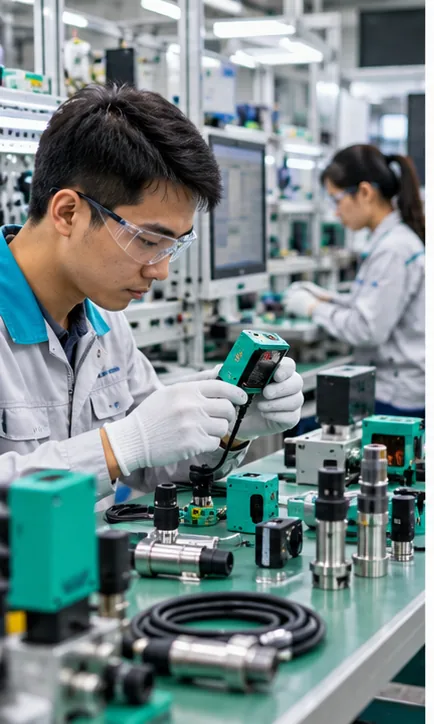 Kỹ thuật viên kiểm tra cảm biến và bố trí dụng cụ tại nhà máy