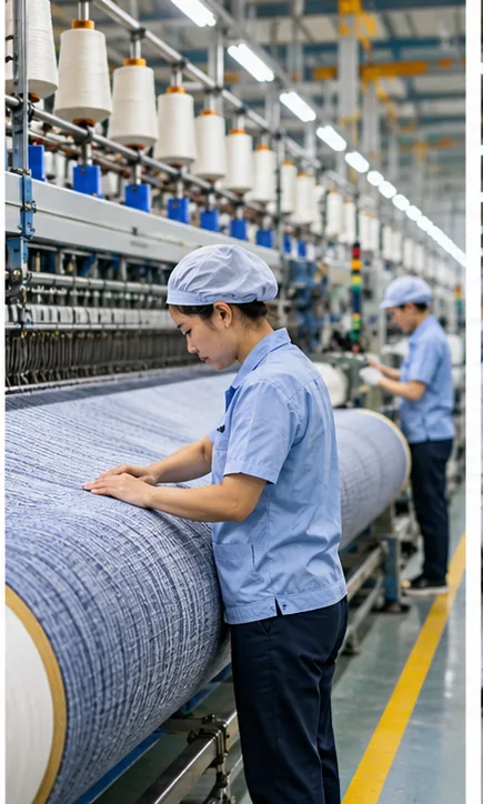 Nhân viên dệt may kiểm tra vải và trạng thái dây chuyền