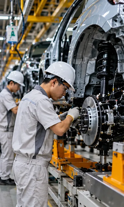Nhân viên kiểm tra cụm lắp ráp ô tô trên dây chuyền