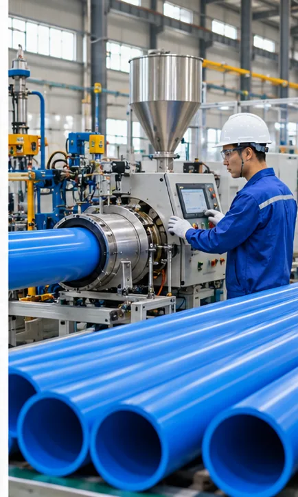 Công nhân kiểm tra ống nhựa và máy đùn tại nhà máy